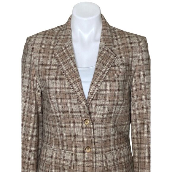 Pendleton Vintage Beige Plaid 100% Virgin Wool Blazer, Long Sleeves Women's 10 - Picture 2 of 10